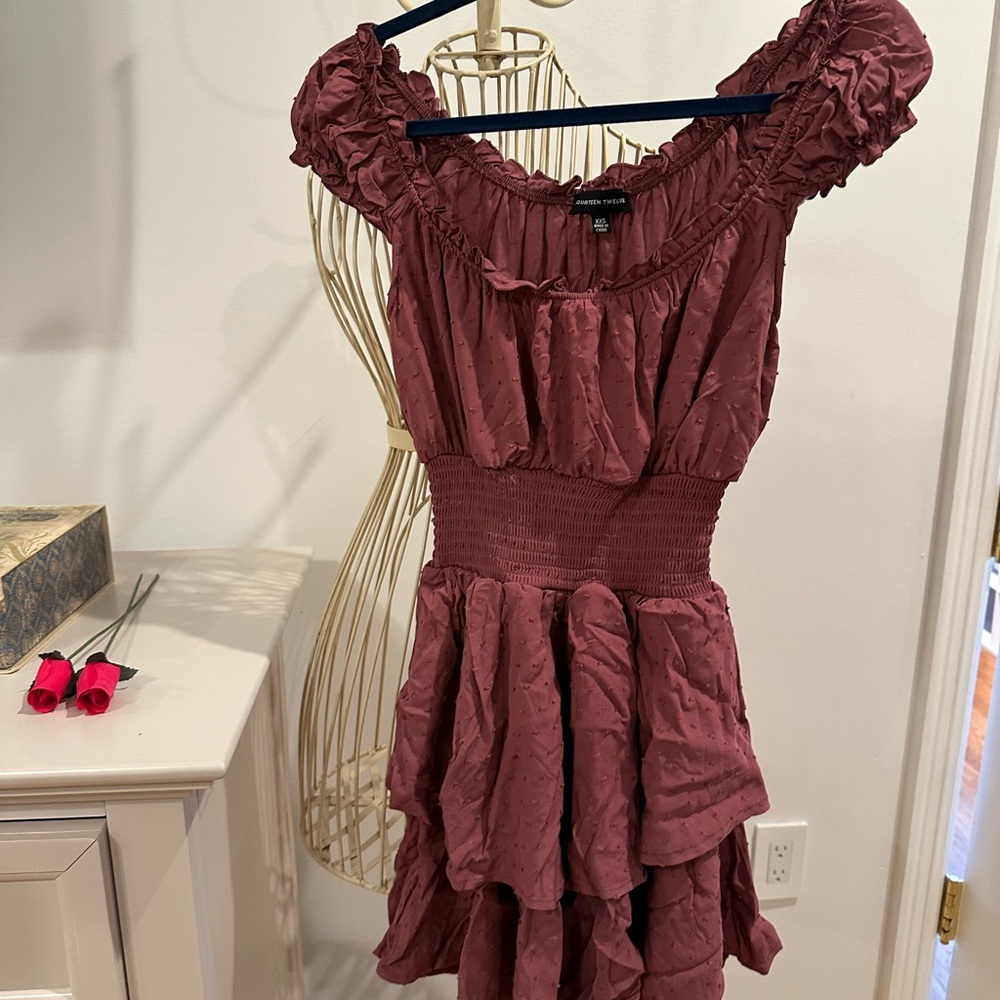 Fourteen Twelve Ruffled Off-Shoulder Dress in Mauve